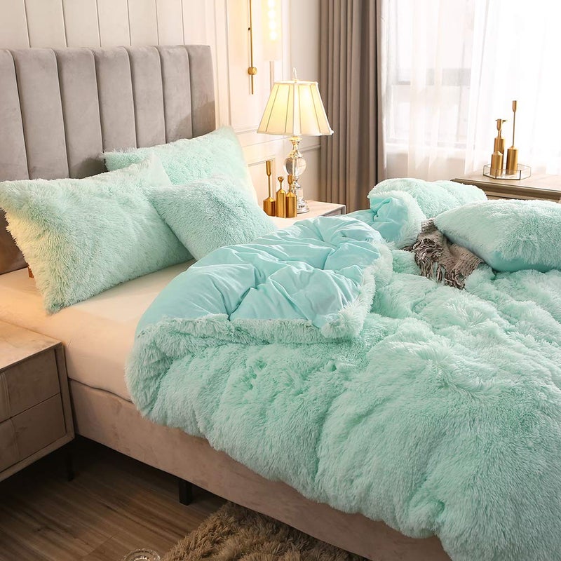 Uhamho Faux Fur Velvet Fluffy Bedding Duvet Cover Set Down Comforter Quilt Cover with Pillow Shams, Ultra Soft Warm (King, Aqua) - Image 3
